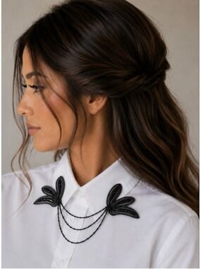New Deepa Gurnani Black & Silver Beaded Collar Necklace/Clip
